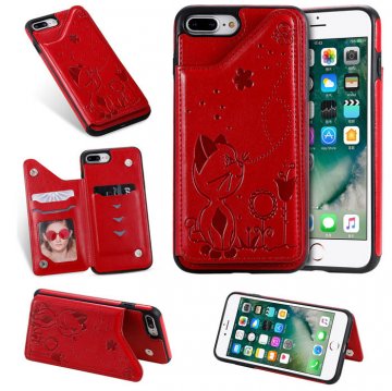 iPhone 7 Plus/8 Plus Bee and Cat Embossing Card Slots Stand Cover Red