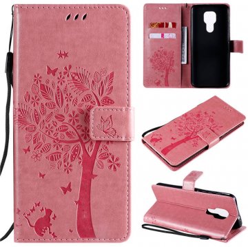 Motorola Moto G9 Play Embossed Tree Cat Butterfly Wallet Stand Case Pink