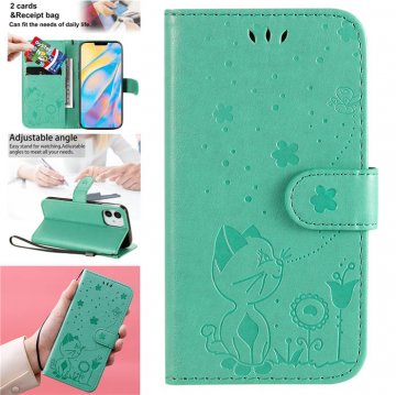 iPhone 12 Mini Embossed Cat Bee Wallet Magnetic Stand Case Green