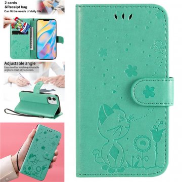 iPhone 12 Embossed Cat Bee Wallet Magnetic Stand Case Green