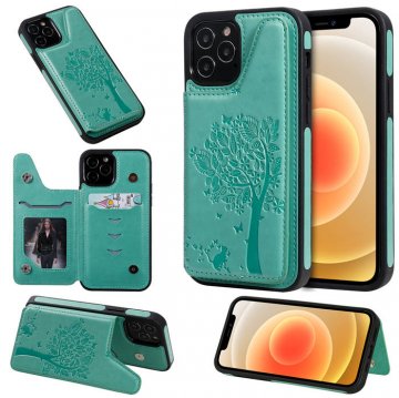 iPhone 12 Pro Embossed Tree Cat Magnetic Clasp Wallet Stand Case Green