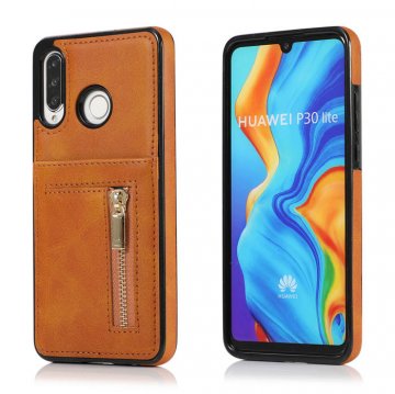 Huawei P30 Lite Zipper Wallet PU Leather Case Cover Brown