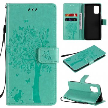 OnePlus 8T Embossed Tree Cat Butterfly Wallet Stand Case Green
