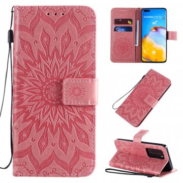 Huawei P40 Pro Embossed Sunflower Wallet Stand Case Pink