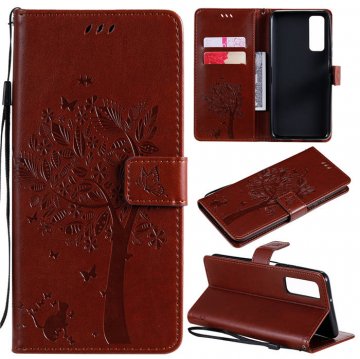 Huawei P Smart 2021 Embossed Tree Cat Butterfly Wallet Stand Case Brown