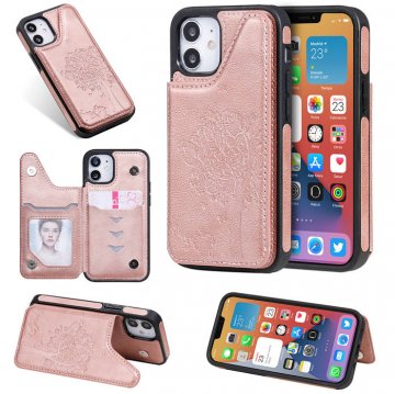 iPhone 12 Luxury Tree and Cat Magnetic Card Slots Stand Cover Rose Gold