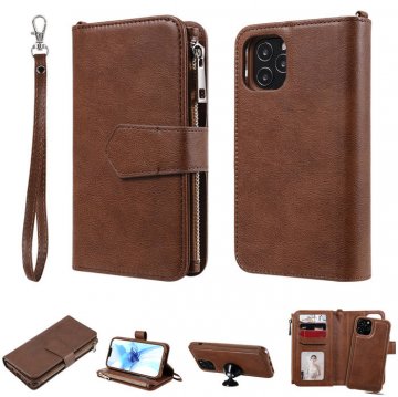 iPhone 12 Pro Zipper Wallet Magnetic Detachable 2 in 1 Case Brown