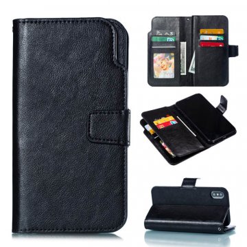 iPhone XS Wallet 9 Card Slots Stand Crazy Horse Leather Case Black