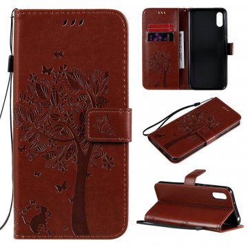 Xiaomi Redmi 9A Embossed Tree Cat Butterfly Wallet Stand Case Brown