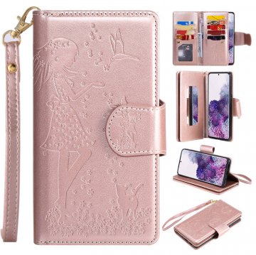 Samsung Galaxy S20 Plus Embossed Girl Cat 9 Card Slots Wallet Case Rose Gold