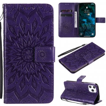 iPhone 12 Pro Max Embossed Sunflower Wallet Magnetic Stand Case Purple