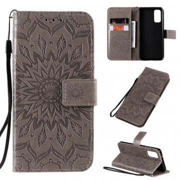 Samsung Galaxy S20 Embossed Sunflower Wallet Stand Case Gray
