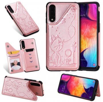 Samsung Galaxy A50 Bee and Cat Magnetic Card Slots Stand Cover Rose Gold