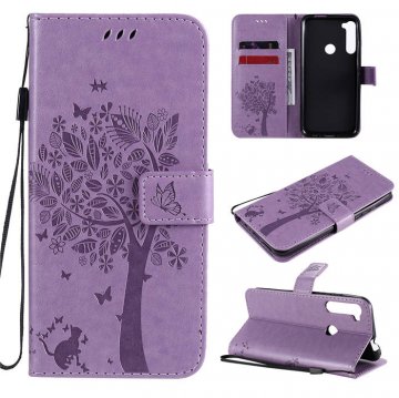 Motorola One Fusion Plus Embossed Tree Cat Butterfly Wallet Stand Case Lavender