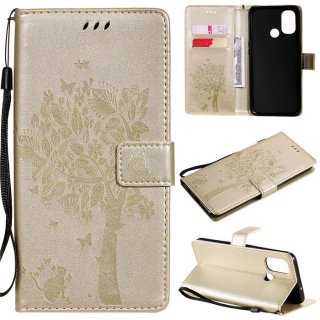 OnePlus Nord N100 Embossed Tree Cat Butterfly Wallet Stand Case Gold