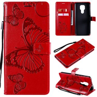 Motorola Moto G9 Play Embossed Butterfly Wallet Magnetic Stand Case Red