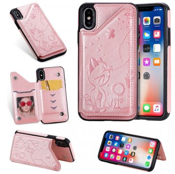 iPhone XS Bee and Cat Embossing Card Slots Stand Cover Rose Gold