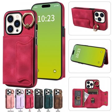For iPhone 15 Pro Card Holder Ring Kickstand Case Red