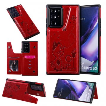 Samsung Galaxy Note 20 Ultra Luxury Bee and Cat Magnetic Card Slots Stand Cover Red