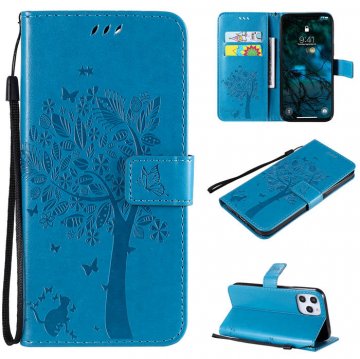 iPhone 12 Pro Max Embossed Tree Cat Butterfly Wallet Stand Case Blue