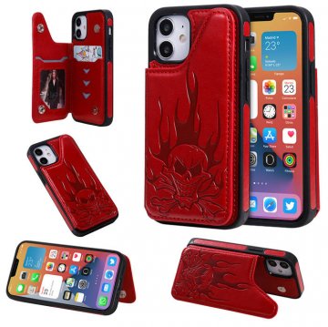 iPhone 12 Mini Embossed Skull Magnetic Clasp Wallet Stand Case Red