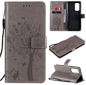 Xiaomi Mi 10T/10T Pro Embossed Tree Cat Butterfly Wallet Stand Case Gray