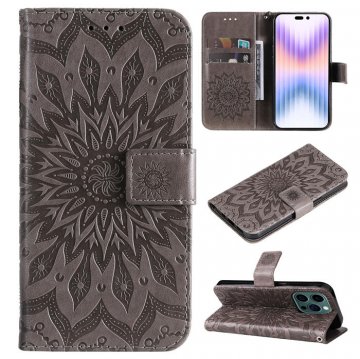 Embossed Sunflower iPhone 14 Pro Max Wallet Magnetic Case Gray