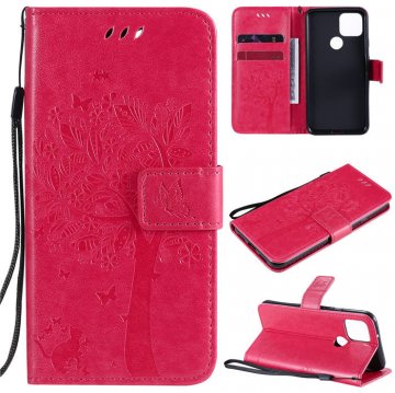 Google Pixel 5 Embossed Tree Cat Butterfly Wallet Stand Case Rose