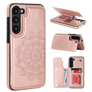 Mandala Embossed Samsung Galaxy S23 Case with Card Holder Rose Gold