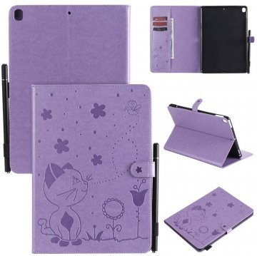 iPad Pro 10.2 inch 2019 Embossed Cat Wallet Stand Leather Case Purple