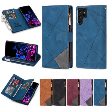 Samsung Galaxy S22 Ultra Color Splicing Lines Wallet Case Blue