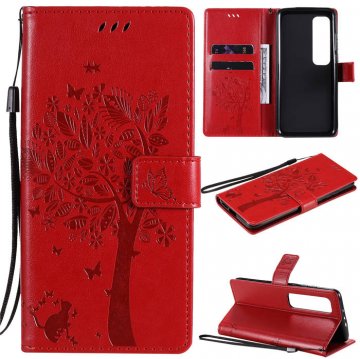 Xiaomi Mi 10 Ultra Embossed Tree Cat Butterfly Wallet Stand Case Red