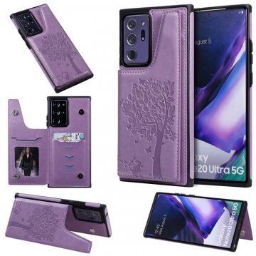 Samsung Galaxy Note 20 Ultra Embossed Tree Cat Magnetic Clasp Wallet Stand Case Purple