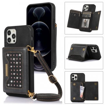 Bling Crossbody Bag Wallet iPhone 12 Pro Max Case with Lanyard Strap Black