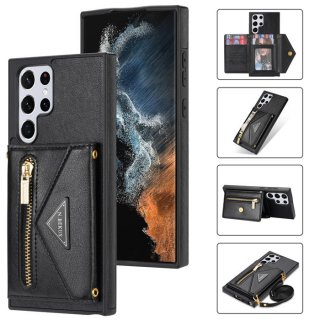 Crossbody Zipper Wallet Samsung Galaxy S22 Ultra Case With Strap Black