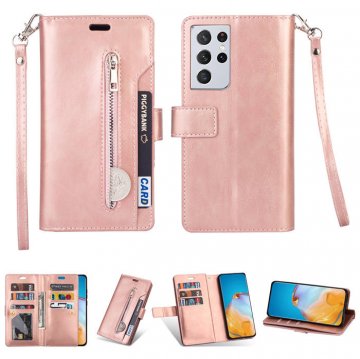 Samsung Galaxy S21/S21 Plus/S21 Ultra Zipper Pocket Wallet Stand Case Rose Gold