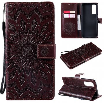 Huawei P Smart 2021 Embossed Sunflower Wallet Magnetic Stand Case Brown