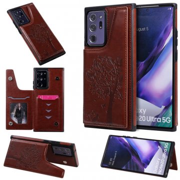 Samsung Galaxy Note 20 Ultra Embossed Tree Cat Magnetic Clasp Wallet Stand Case Brown