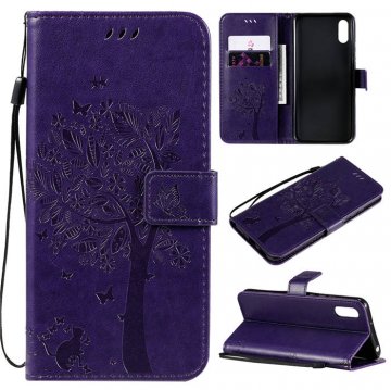 Xiaomi Redmi 9A Embossed Tree Cat Butterfly Wallet Stand Case Purple