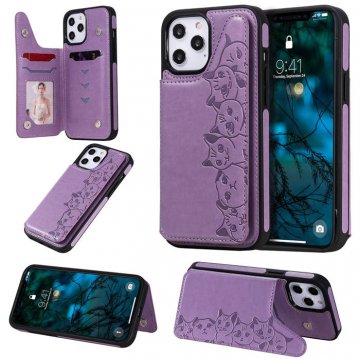 iPhone 12 Pro Max Luxury Cute Cats Magnetic Card Slots Stand Case Purple