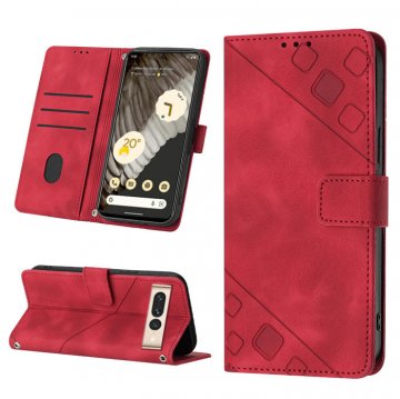 Skin-friendly Google Pixel 7 Pro Wallet Stand Case with Wrist Strap Red