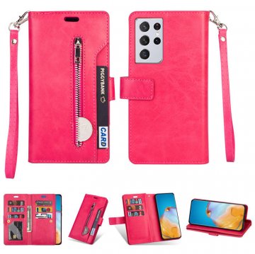 Samsung Galaxy S21/S21 Plus/S21 Ultra Zipper Pocket Wallet Stand Case Rose