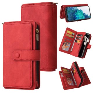 For Samsung Galaxy S20 FE Wallet 15 Card Slots Case with Wrist Strap Red