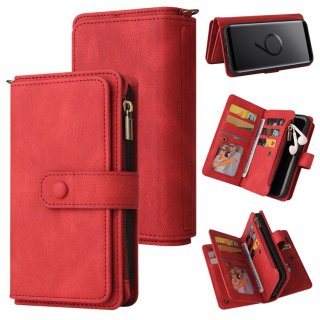 For Samsung Galaxy S9 Wallet 15 Card Slots Case with Wrist Strap Red