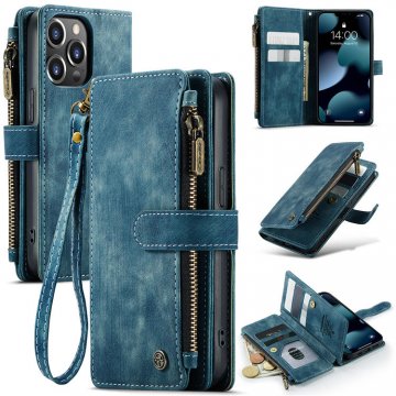 CaseMe iPhone 13 Pro Wallet Kickstand Retro Leather Case Blue