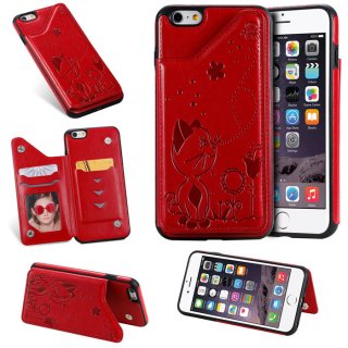 iPhone 6 Plus/6s Plus Bee and Cat Embossing Card Slots Stand Cover Red