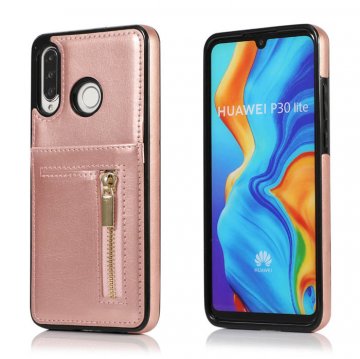 Huawei P30 Lite Zipper Wallet PU Leather Case Cover Rose Gold