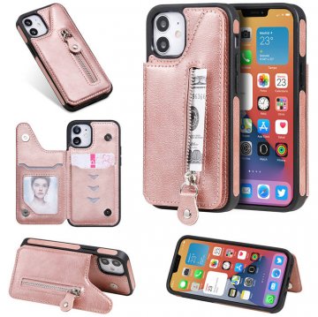 iPhone 12 Mini Zipper Pocket Card Slots Magnetic Clasp Stand Case Rose Gold
