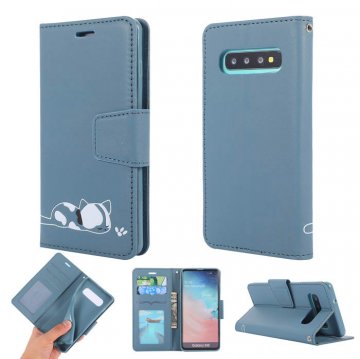 Samsung Galaxy S10 Cat Pattern Wallet Magnetic Stand Case Blue