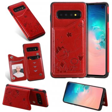 Samsung Galaxy S10 Bee and Cat Magnetic Card Slots Stand Cover Red